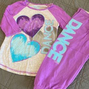 Girls Justice Dance outfit size 7 capri sweatpants tee glitter purple gray blue